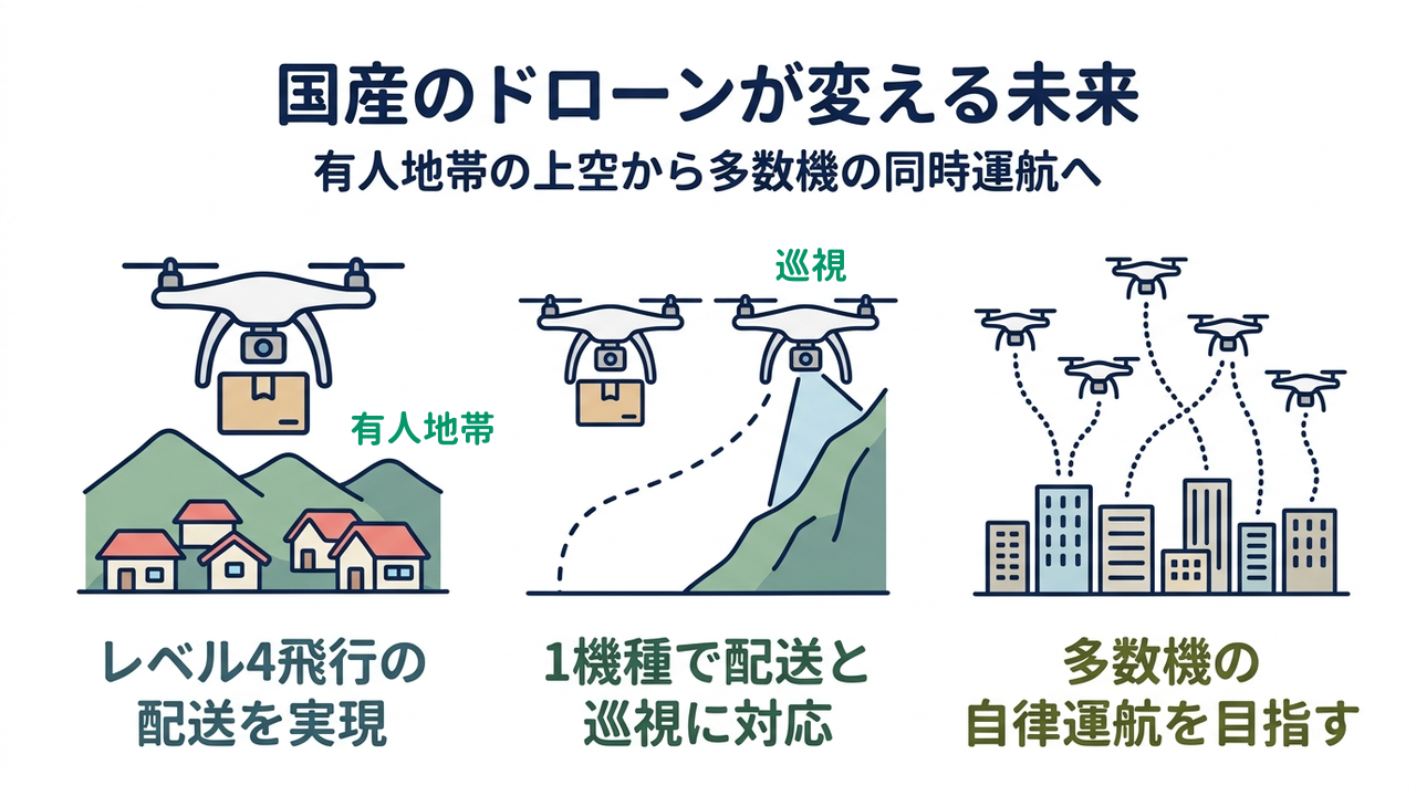国産のドローンが変える未来｜有人地帯の上空から多数機の同時運航へ／レベル4飛行の配送を実現／1機種で配送と巡視に対応／多数機の自律運航を目指す