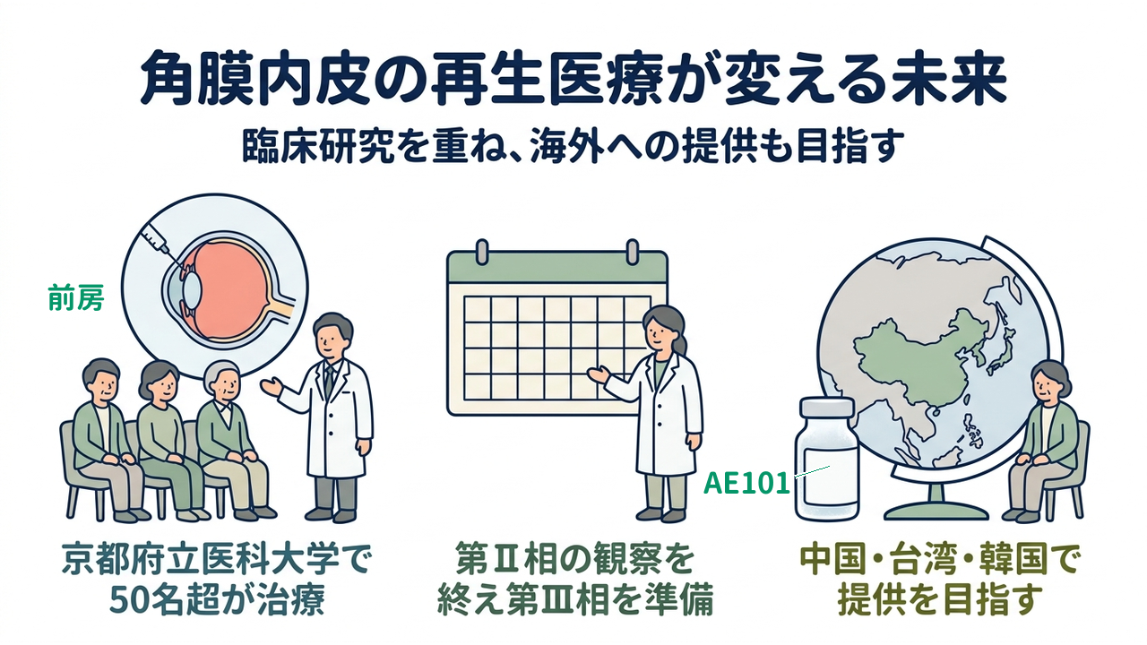 角膜内皮の再生医療が変える未来｜臨床研究を重ね、海外への提供も目指す｜京都府立医科大学で・50名超が治療／第Ⅱ相の観察を・終え第Ⅲ相を準備／中国・台湾・韓国で・提供を目指す