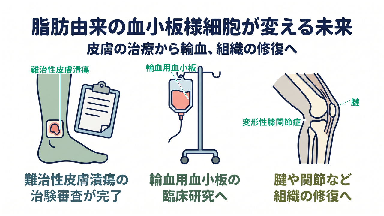 脂肪由来の血小板様細胞が変える未来|皮膚の治療から輸血、組織の修復へ/難治性皮膚潰瘍の治験審査が完了/輸血用血小板の臨床研究へ/腱や関節など組織の修復へ