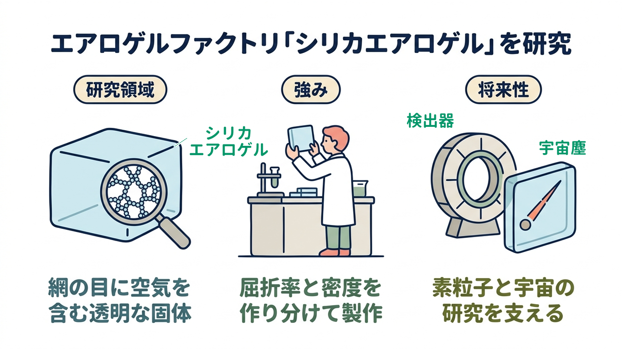 エアロゲルファクトリ「シリカエアロゲル」を研究｜研究領域=網の目に空気を含む透明な固体／強み=屈折率と密度を作り分けて製作／将来性=素粒子と宇宙の研究を支える