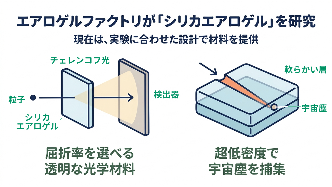 エアロゲルファクトリが「シリカエアロゲル」を研究｜現在は、実験に合わせた設計で材料を提供／屈折率を選べる透明な光学材料／超低密度で宇宙塵を捕集