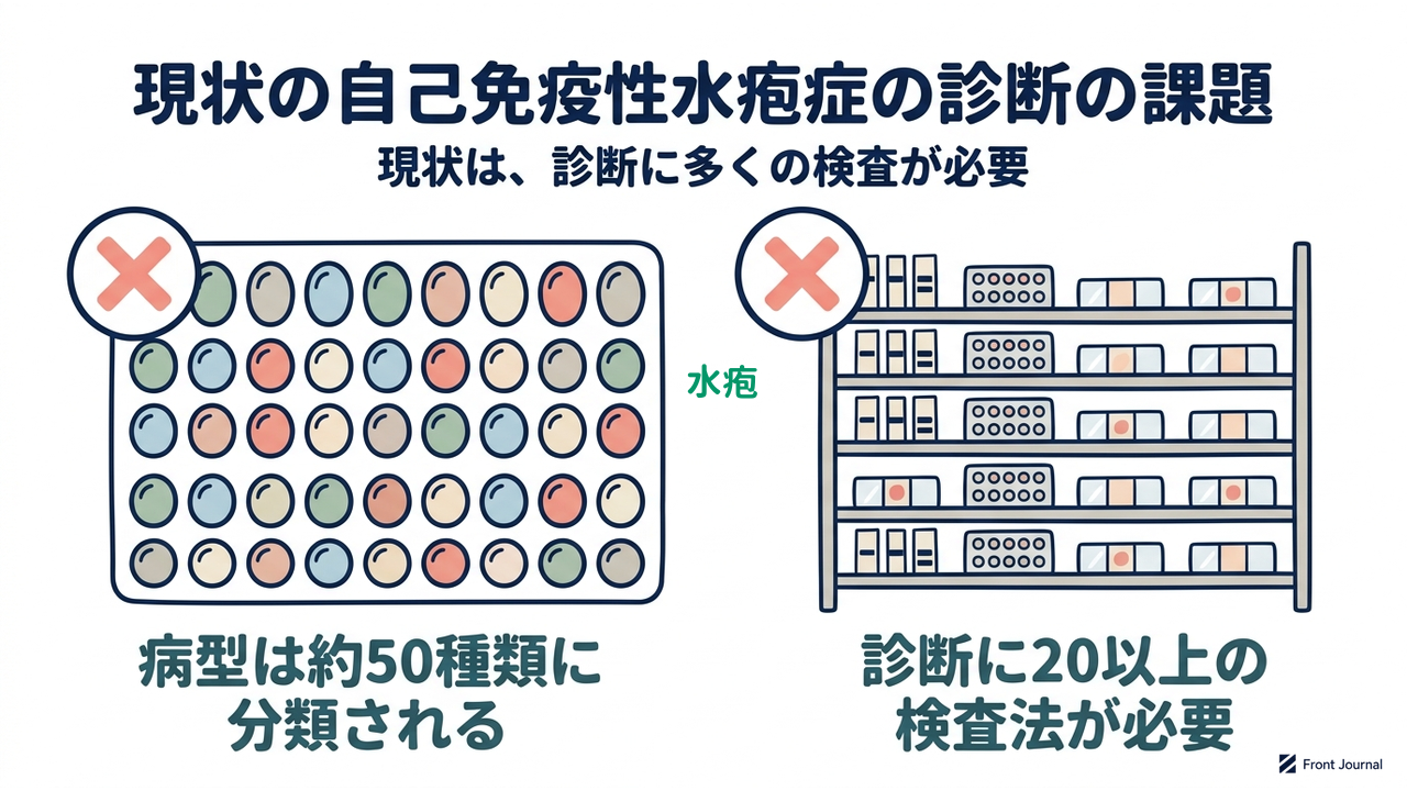 現状の自己免疫性水疱症の診断の課題|現状は、診断に多くの検査が必要|病型は約50種類に・分類される/診断に20以上の・検査法が必要