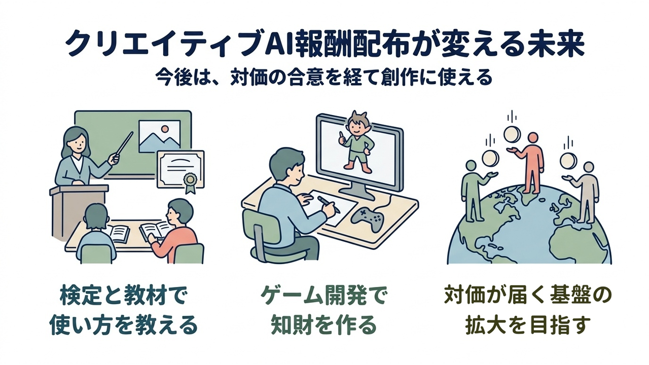 クリエイティブAI報酬配布が変える未来｜検定と教材で使い方を教える／ゲーム開発で知財を作る／対価が届く基盤の拡大を目指す