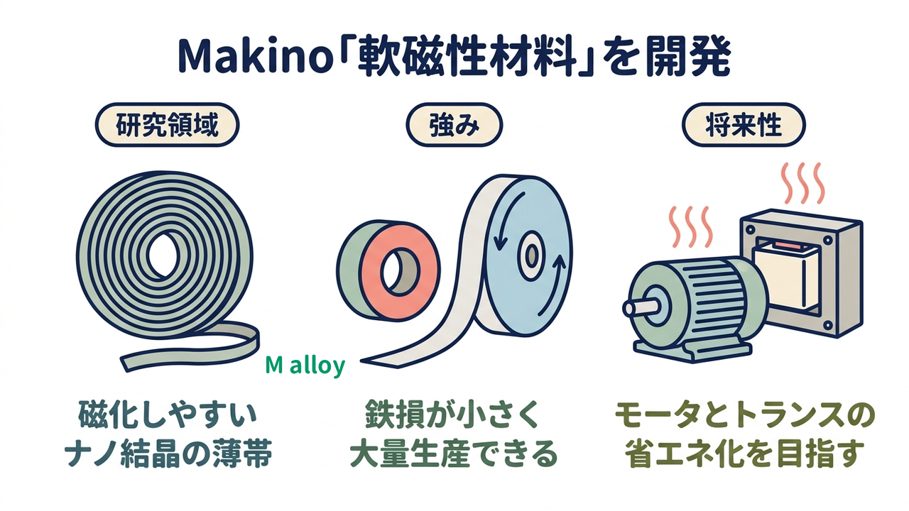 Makino「軟磁性材料」を開発|研究領域=磁化しやすい・ナノ結晶の薄帯/強み=鉄損が小さく・大量生産できる/将来性=モータとトランスの・省エネ化を目指す