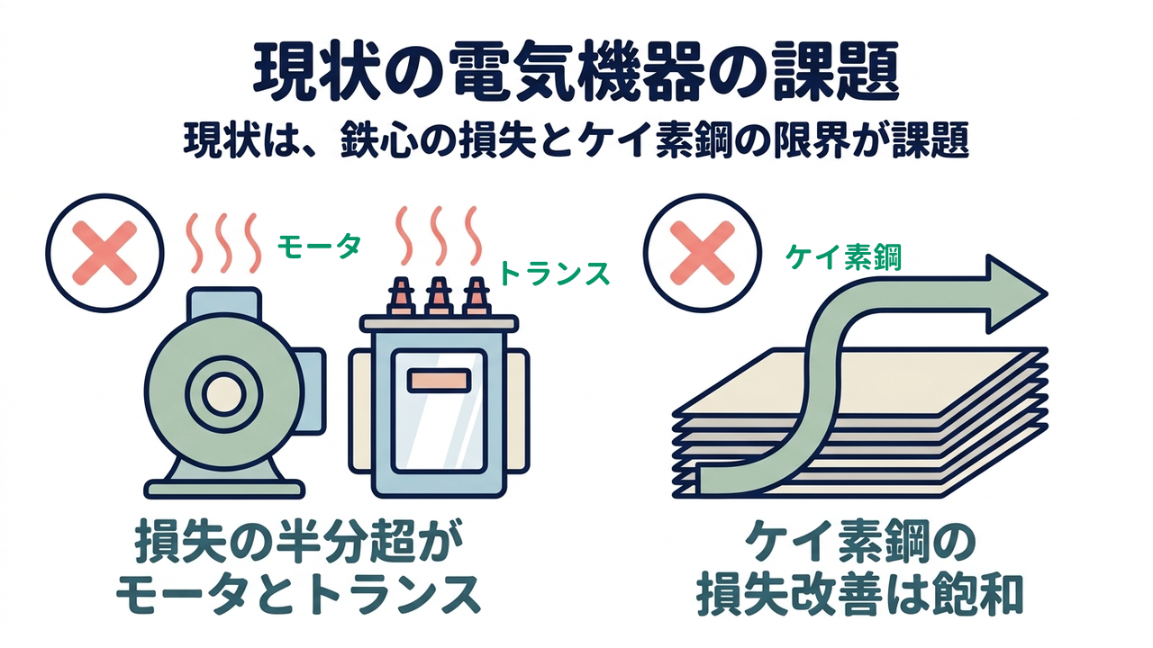 現状の電気機器の課題|現状は、鉄心の損失とケイ素鋼の限界が課題|損失の半分超が・モータとトランス/ケイ素鋼の・損失改善は飽和
