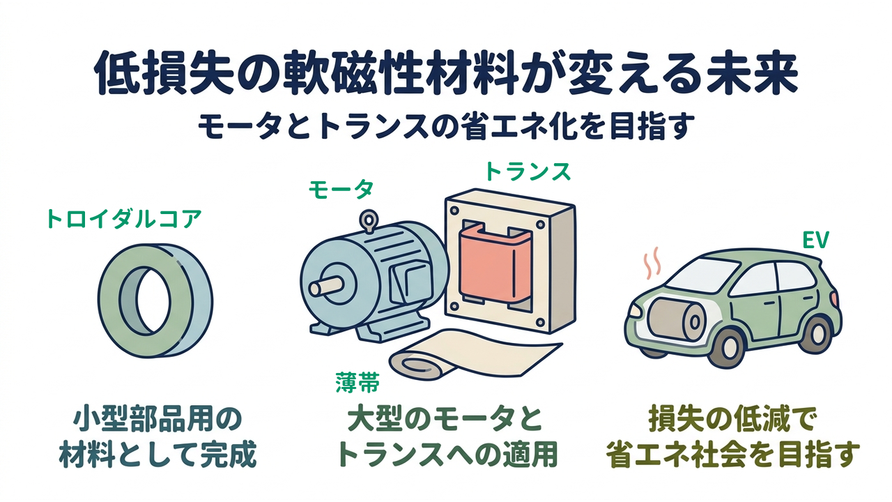 低損失の軟磁性材料が変える未来|モータとトランスの省エネ化を目指す|小型部品用の・材料として完成/大型のモータと・トランスへの適用/損失の低減で・省エネ社会を目指す