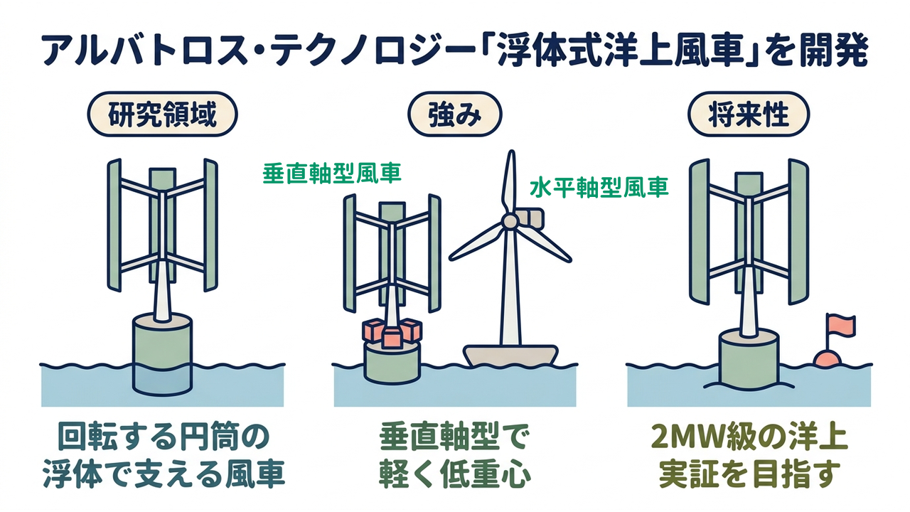 アルバトロス・テクノロジー「浮体式洋上風車」を開発|研究領域=回転する円筒の浮体で支える風車/強み=垂直軸型で軽く低重心/将来性=2MW級の洋上実証を目指す