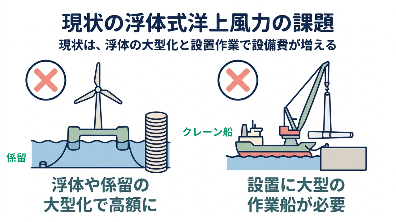 現状の浮体式洋上風力の課題|現状は、浮体の大型化と設置作業で設備費が増える/浮体や係留の大型化で高額に/設置に大型の作業船が必要