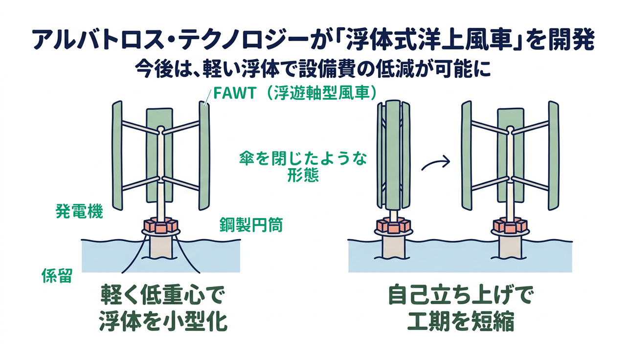 アルバトロス・テクノロジーが「浮体式洋上風車」を開発|今後は、軽い浮体で設備費の低減が可能に/軽く低重心で浮体を小型化/自己立ち上げで工期を短縮