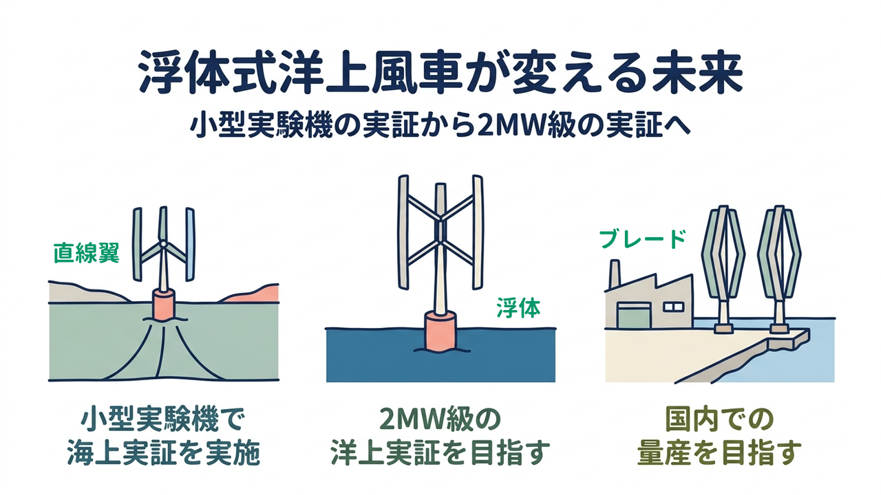 浮体式洋上風車が変える未来|小型実験機の実証から2MW級の実証へ/小型実験機で海上実証を実施/2MW級の洋上実証を目指す/国内での量産を目指す