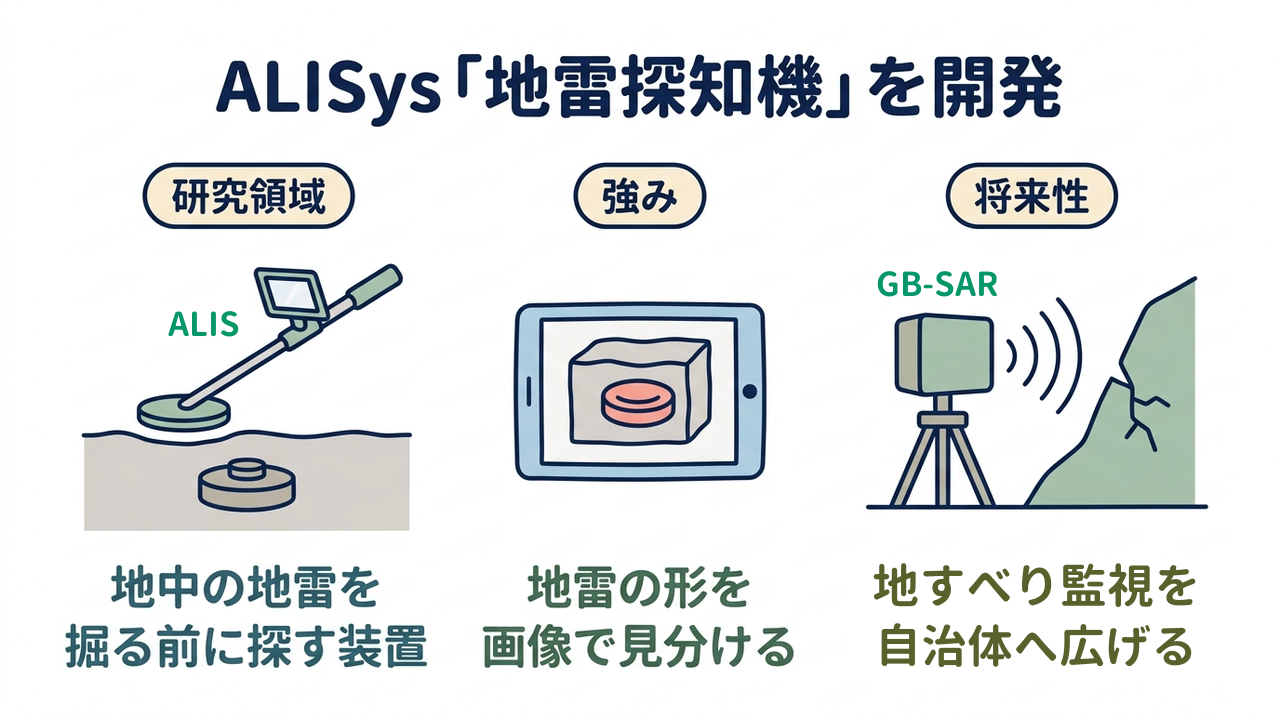 ALISys「地雷探知機」を開発|研究領域=地中の地雷を掘る前に探す装置/強み=地雷の形を画像で見分ける/将来性=地すべり監視を自治体へ広げる