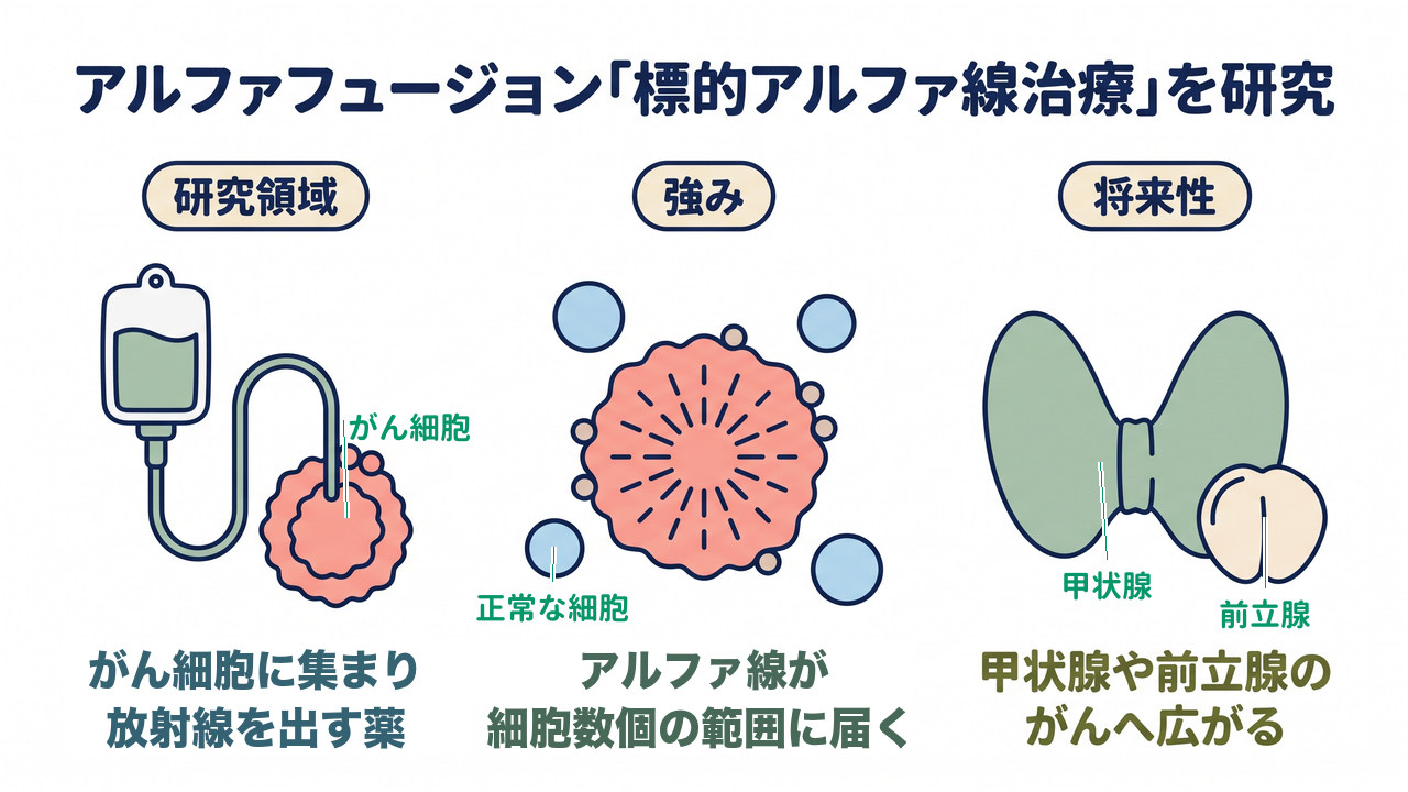 アルファフュージョン「標的アルファ線治療」を研究｜研究領域=がん細胞に集まり放射線を出す薬／強み=アルファ線が細胞数個の範囲に届く／将来性=甲状腺や前立腺のがんへ広がる