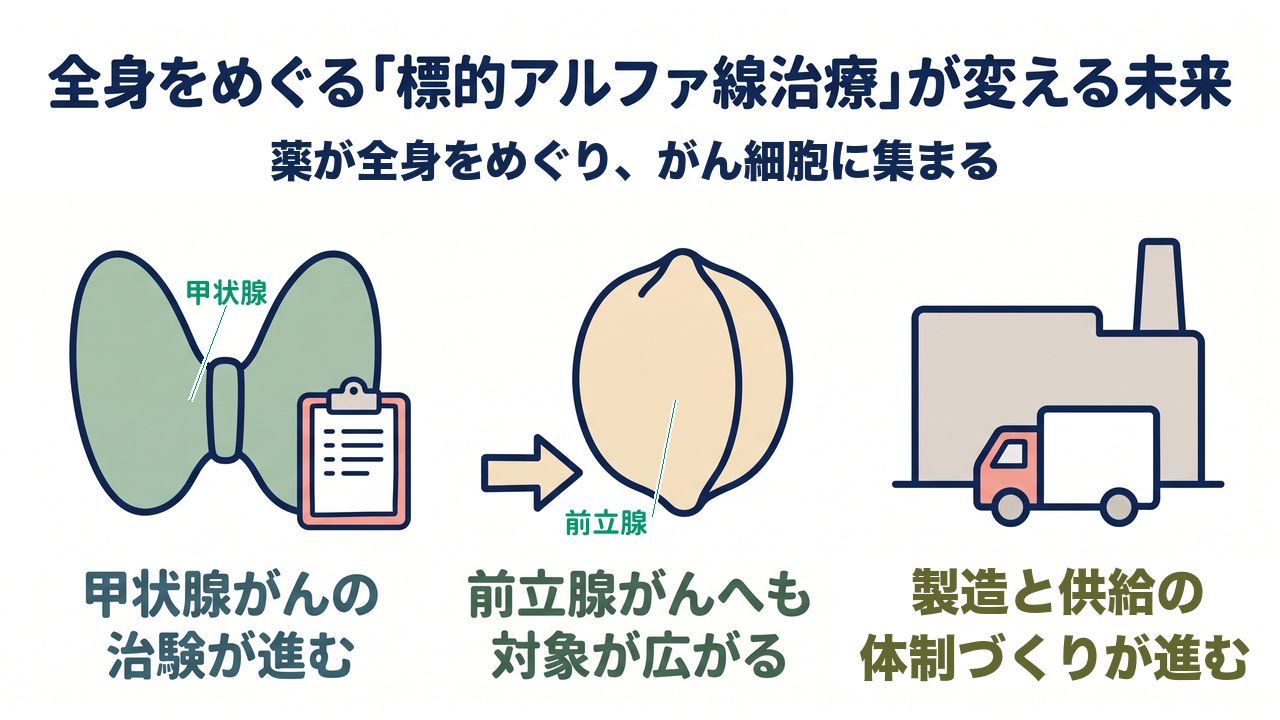 全身をめぐる「標的アルファ線治療」が変える未来｜薬が全身をめぐり、がん細胞に集まる／甲状腺がんの治験が進む／前立腺がんへも対象が広がる／製造と供給の体制づくりが進む