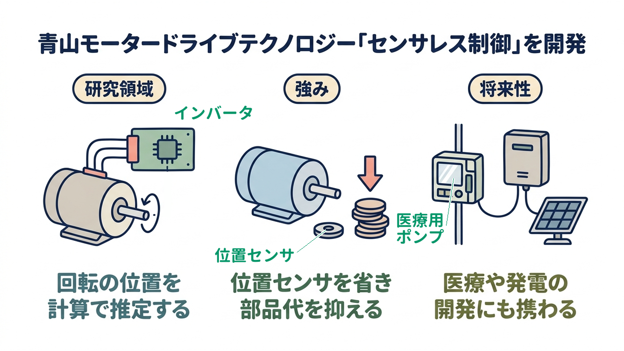 青山モータードライブテクノロジー「センサレス制御」を開発｜研究領域=回転の位置を計算で推定する／強み=位置センサを省き部品代を抑える／将来性=医療や発電の開発にも携わる