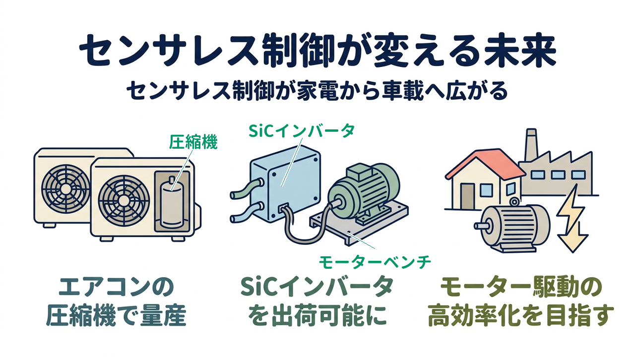 センサレス制御が変える未来｜センサレス制御が家電から車載へ広がる／エアコンの圧縮機で量産／SiCインバータを出荷可能に／モーター駆動の高効率化を目指す