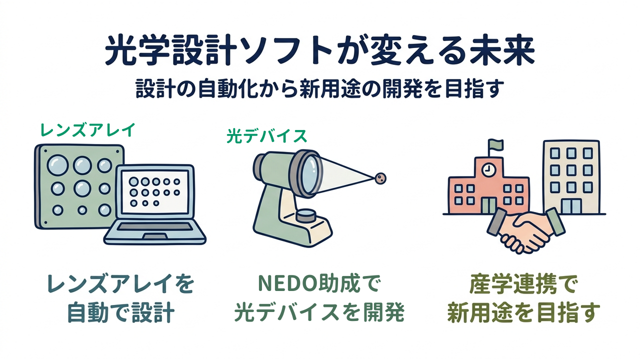 光学設計ソフトが変える未来｜設計の自動化から新用途の開発を目指す｜レンズアレイを・自動で設計／NEDO助成で・光デバイスを開発／産学連携で・新用途を目指す