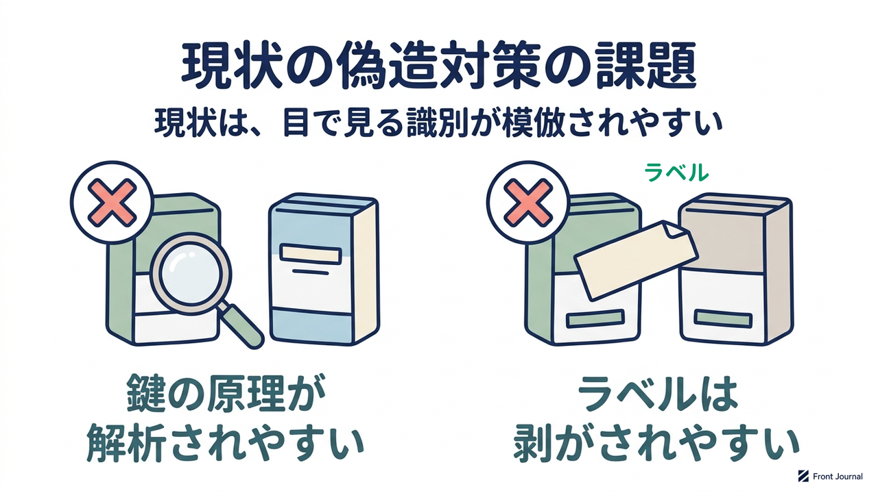 現状の偽造対策の課題|現状は、目で見る識別が模倣されやすい|鍵の原理が・解析されやすい/ラベルは・剥がされやすい
