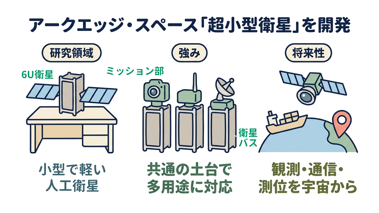 アークエッジ・スペース「超小型衛星」を開発｜研究領域=小型で軽い人工衛星／強み=共通の土台で多用途に対応／将来性=観測・通信・測位を宇宙から