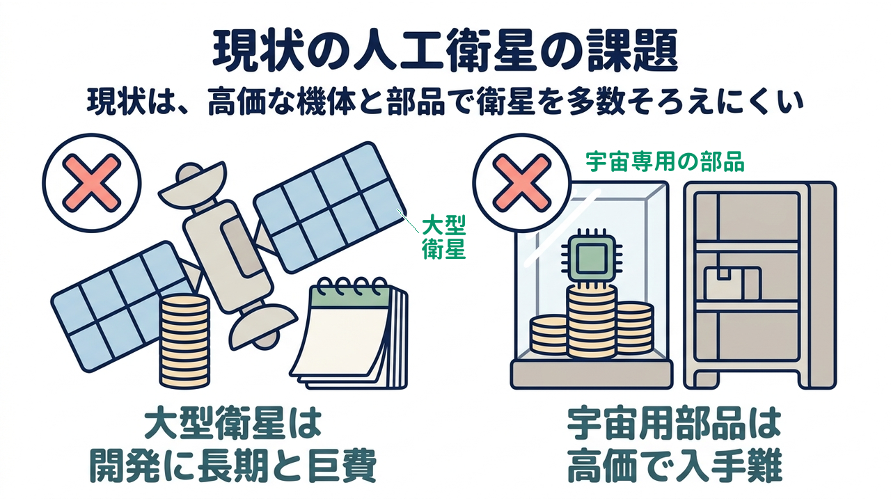 現状の人工衛星の課題｜大型衛星は開発に長期と巨費／宇宙用部品は高価で入手難