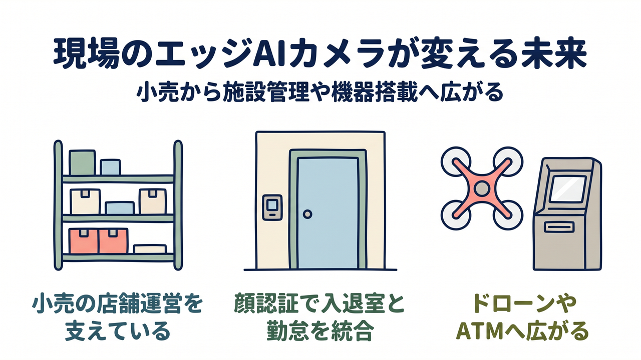 現場のエッジAIカメラが変える未来｜小売から施設管理や機器搭載へ広がる。小売の店舗運営を支えている／顔認証で入退室と勤怠を統合／ドローンやATMへ広がる
