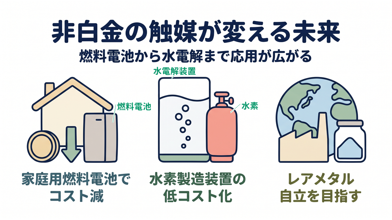 非白金の触媒が変える未来｜燃料電池から水電解まで応用が広がる／家庭用燃料電池でコスト減／水素製造装置の低コスト化／レアメタル自立を目指す