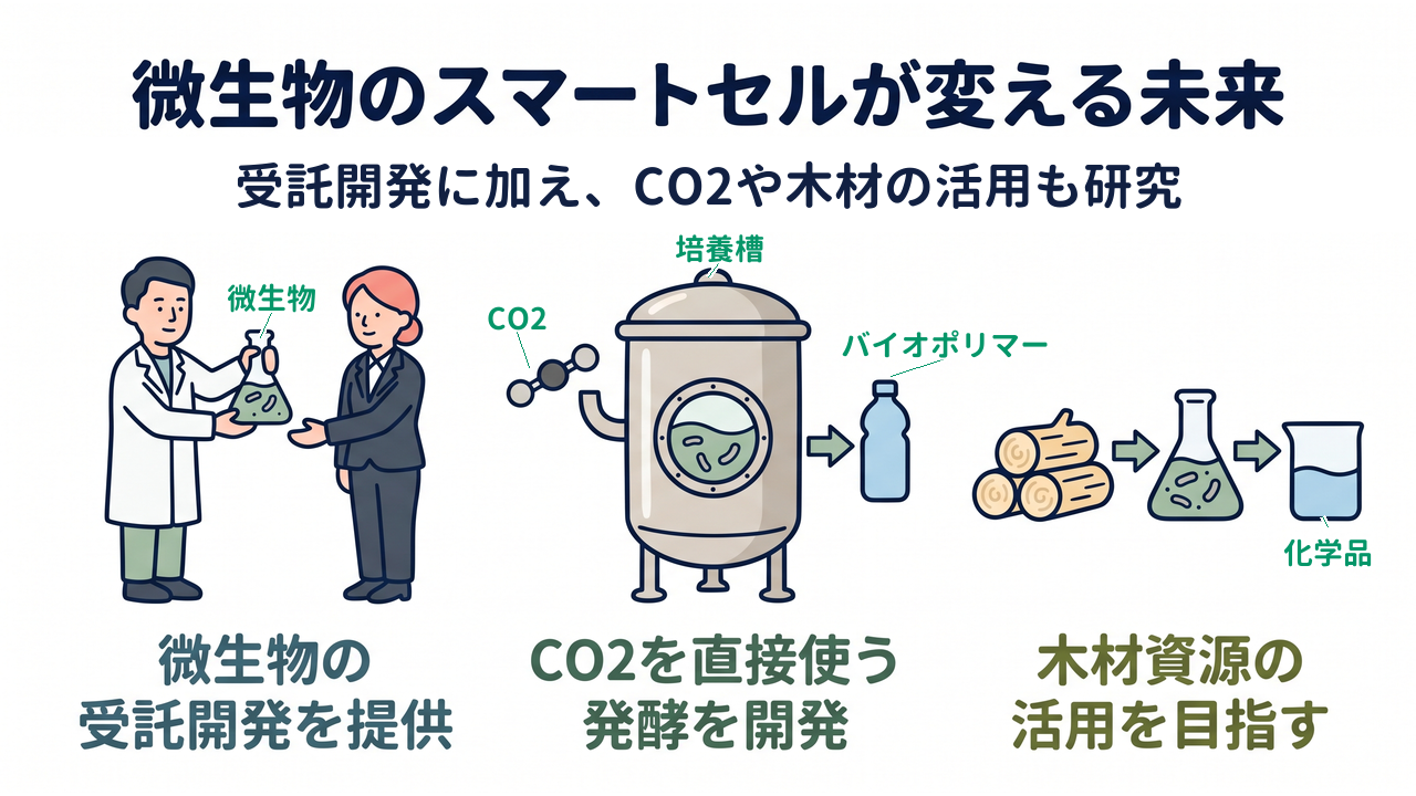 微生物のスマートセルが変える未来｜微生物の受託開発を提供／CO2を直接使う発酵を開発／木材資源の活用を目指す