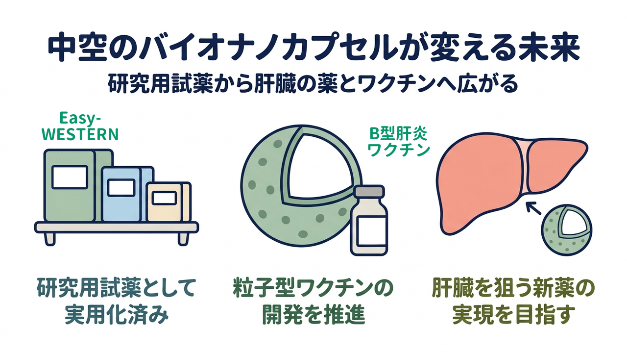 中空のバイオナノカプセルが変える未来|研究用試薬から肝臓の薬とワクチンへ広がる|研究用試薬として・実用化済み/粒子型ワクチンの・開発を推進/肝臓を狙う新薬の・実現を目指す