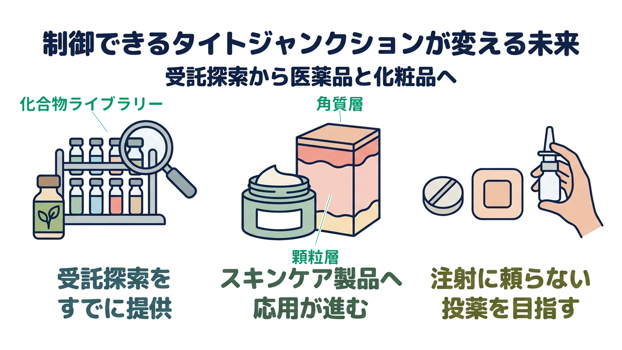 制御できるタイトジャンクションが変える未来｜受託探索から医薬品と化粧品へ｜受託探索を・すでに提供／スキンケア製品へ・応用が進む／注射に頼らない・投薬を目指す