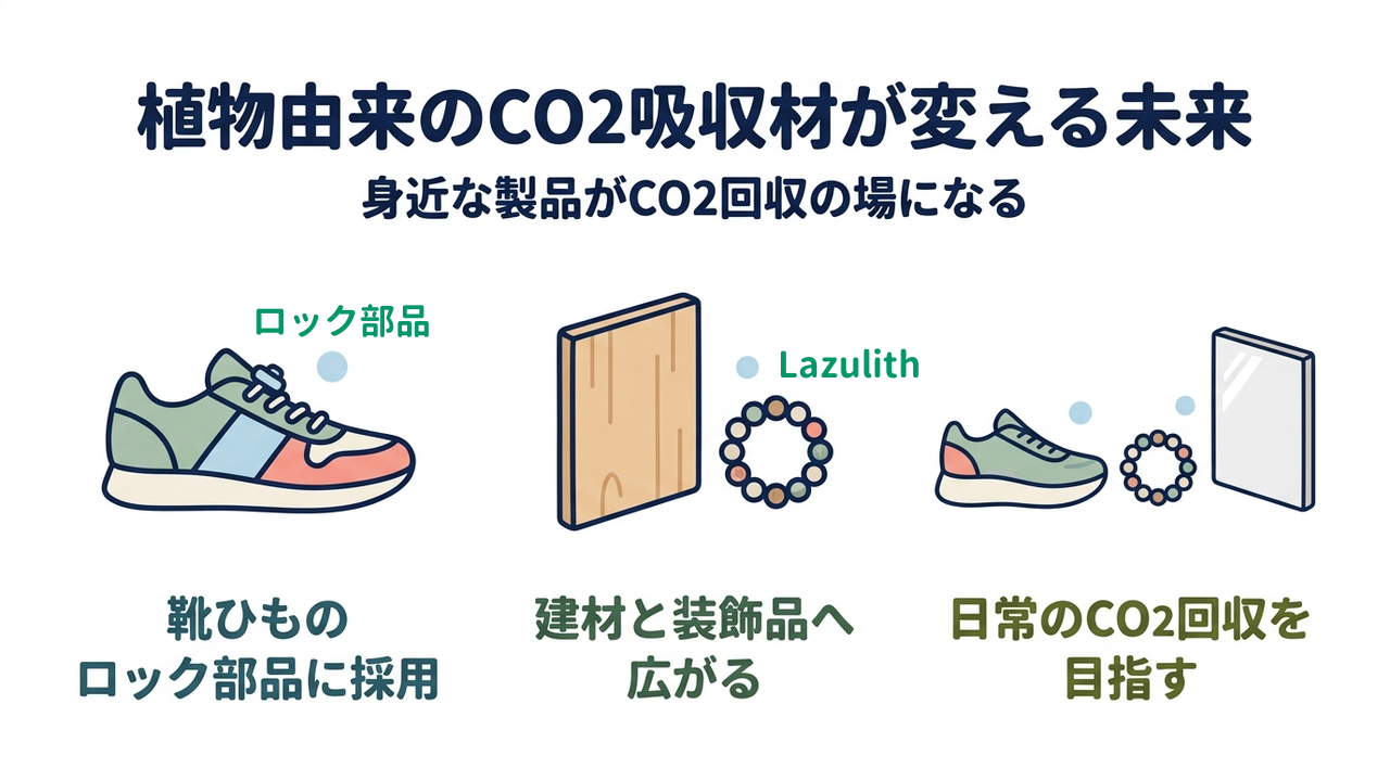 植物由来のCO2吸収材が変える未来｜身近な製品がCO2回収の場になる／靴ひものロック部品に採用／建材と装飾品へ広がる／日常のCO2回収を目指す