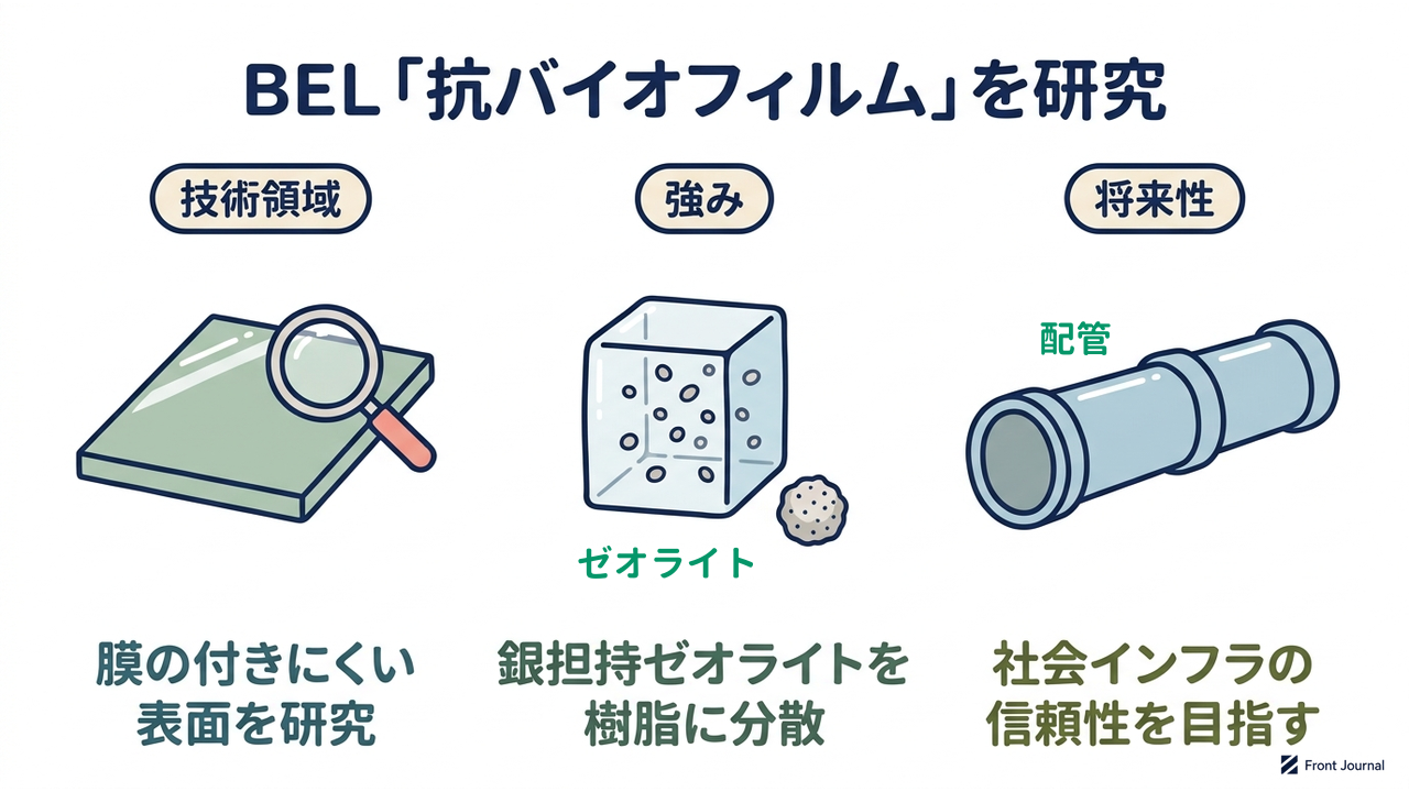 BEL「抗バイオフィルム」を研究｜技術領域=膜の付きにくい・表面を研究／強み=銀担持ゼオライトを・樹脂に分散／将来性=社会インフラの・信頼性を目指す
