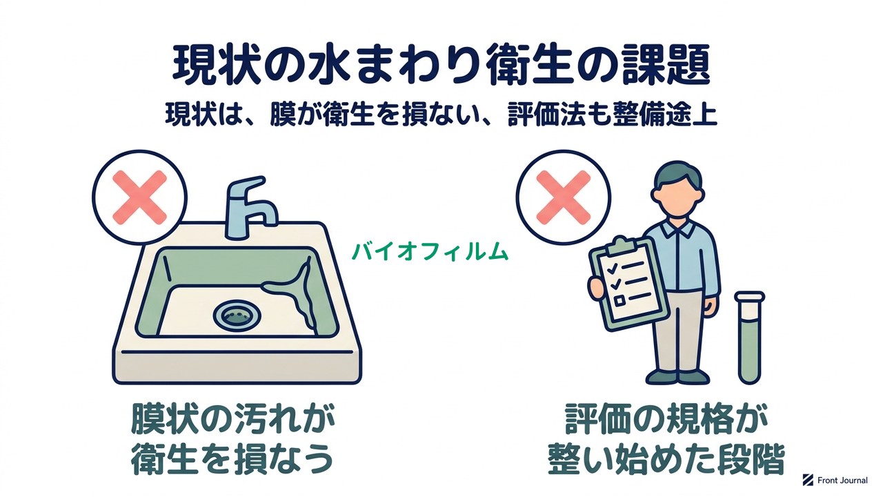 現状の水まわり衛生の課題｜現状は、膜が衛生を損ない、評価法も整備途上｜膜状の汚れが・衛生を損なう／評価の規格が・整い始めた段階