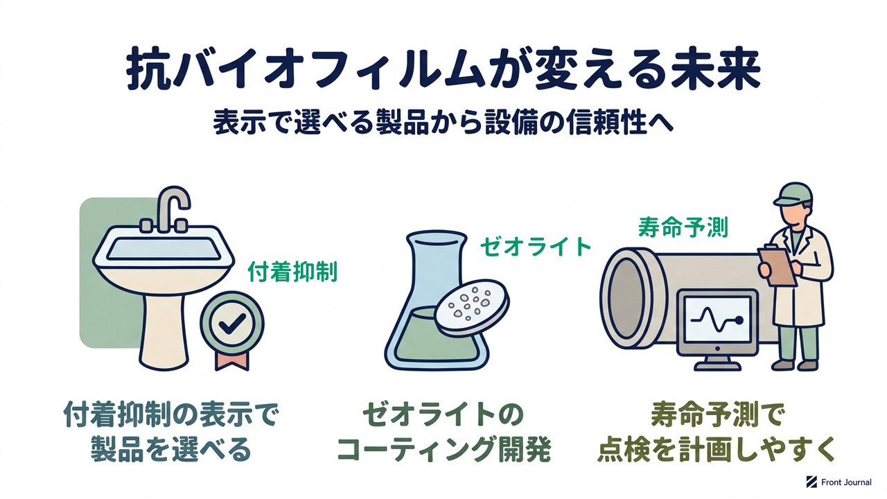 抗バイオフィルムが変える未来｜表示で選べる製品から設備の信頼性へ｜付着抑制の表示で・製品を選べる／ゼオライトの・コーティング開発／寿命予測で・点検を計画しやすく