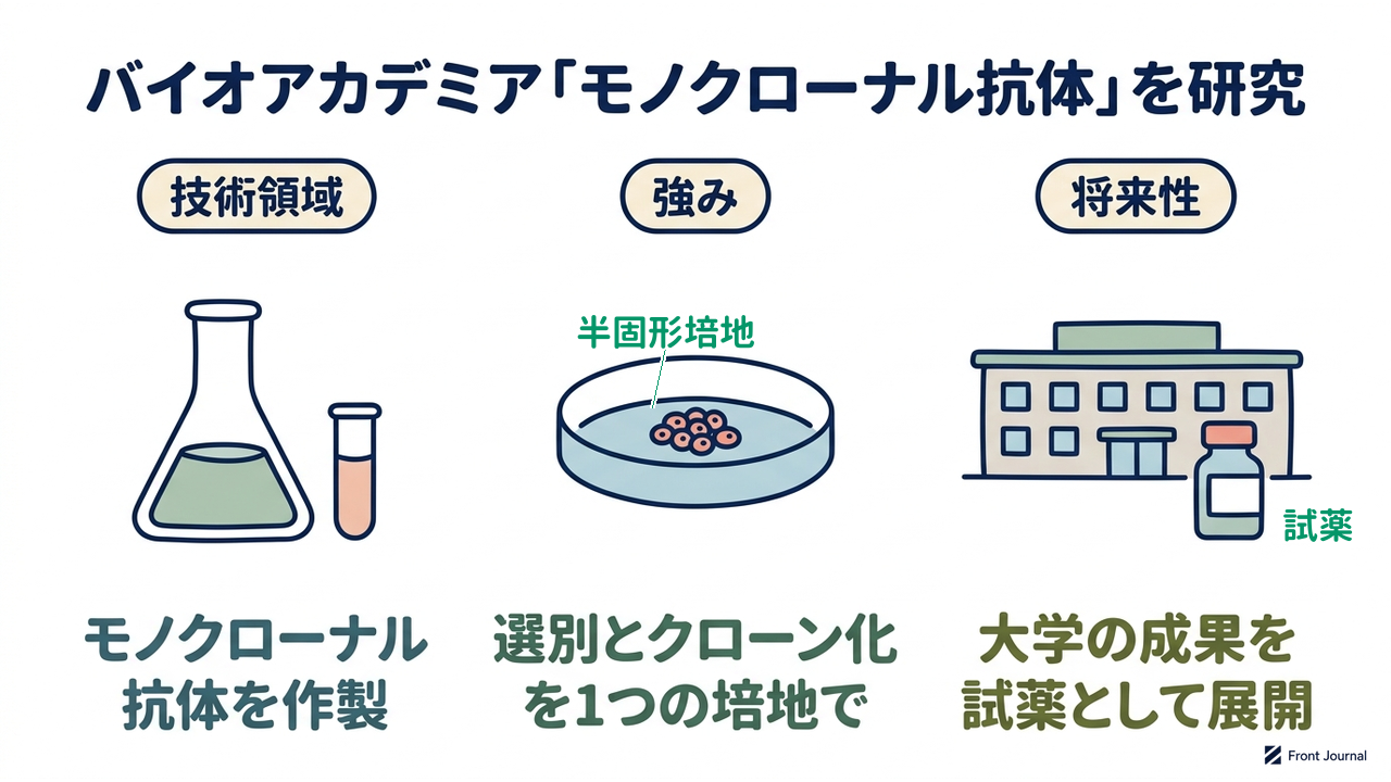 バイオアカデミア「モノクローナル抗体」を研究|技術領域=モノクローナル抗体を作製/強み=選別とクローン化を1つの培地で/将来性=大学の成果を試薬として展開