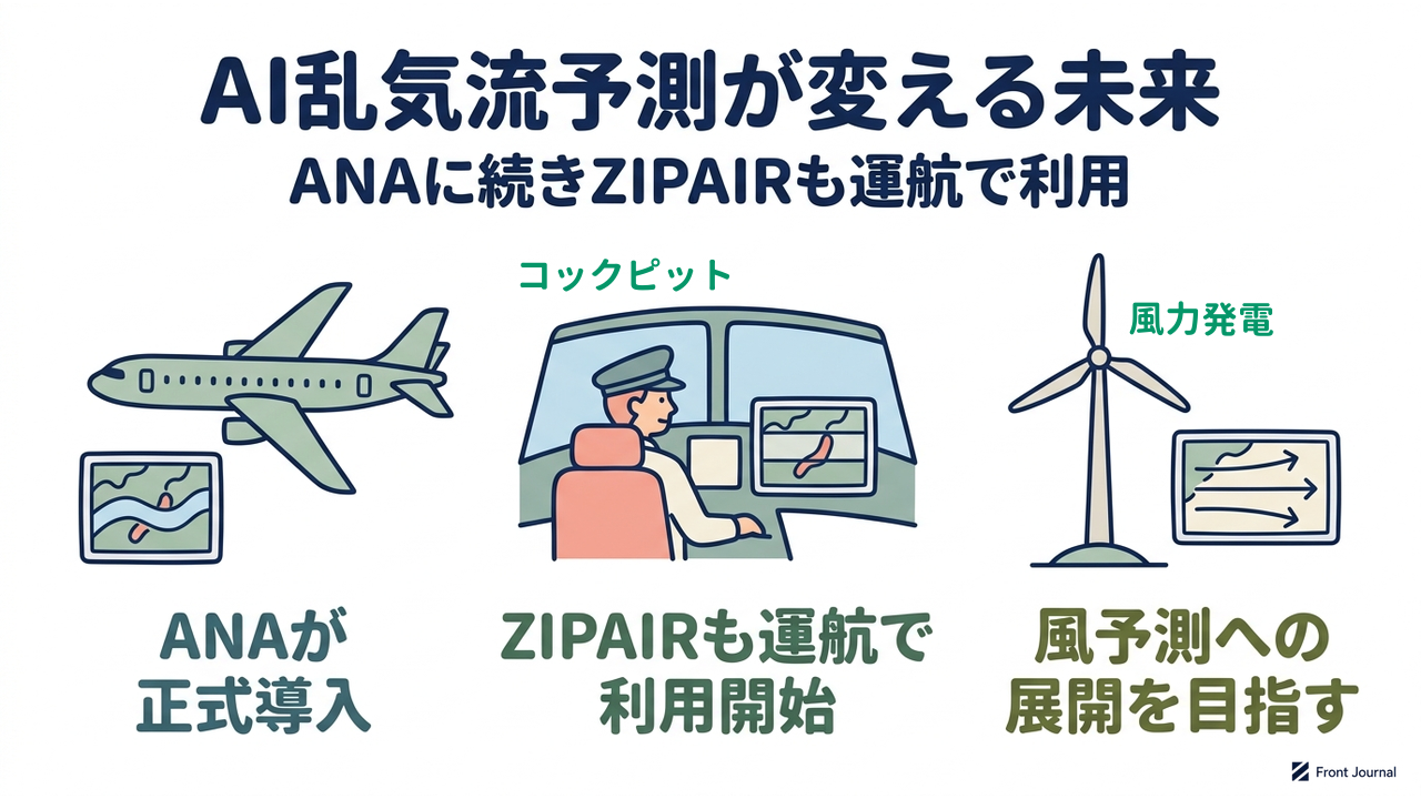 AI乱気流予測が変える未来｜ANAに続きZIPAIRも運航で利用／ANAが正式導入／ZIPAIRも運航で利用開始／風予測への展開を目指す