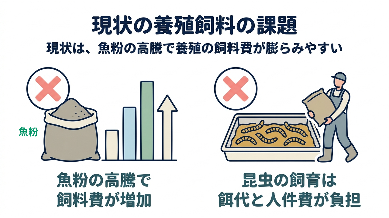 現状の養殖飼料の課題｜現状は、魚粉の高騰で養殖の飼料費が膨らみやすい／魚粉の高騰で飼料費が増加／昆虫の飼育は餌代と人件費が負担