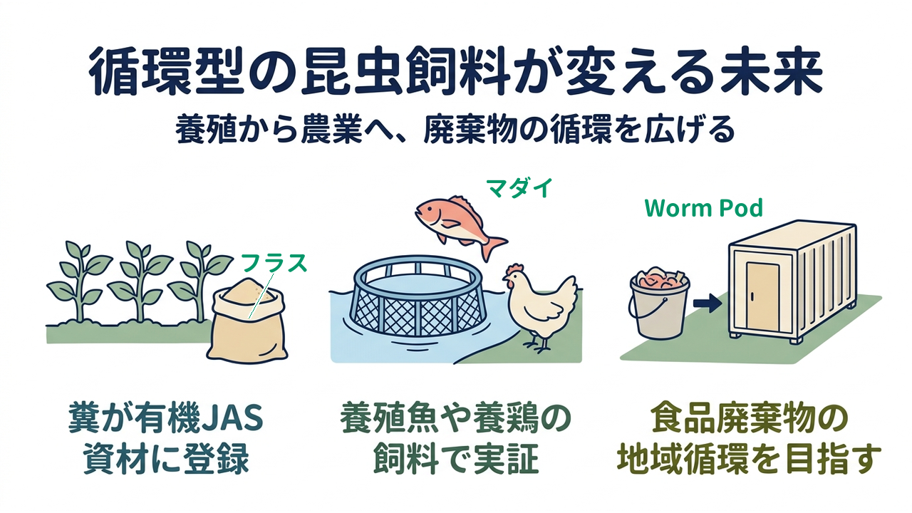 循環型の昆虫飼料が変える未来｜養殖から農業へ、廃棄物の循環を広げる／糞が有機JAS資材に登録／養殖魚や養鶏の飼料で実証／食品廃棄物の地域循環を目指す