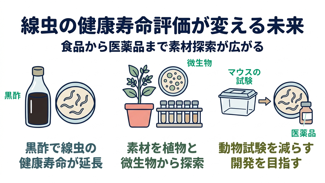 線虫の健康寿命評価が変える未来|食品から医薬品まで素材探索が広がる|黒酢で線虫の・健康寿命が延長/素材を植物と・微生物から探索/動物試験を減らす・開発を目指す