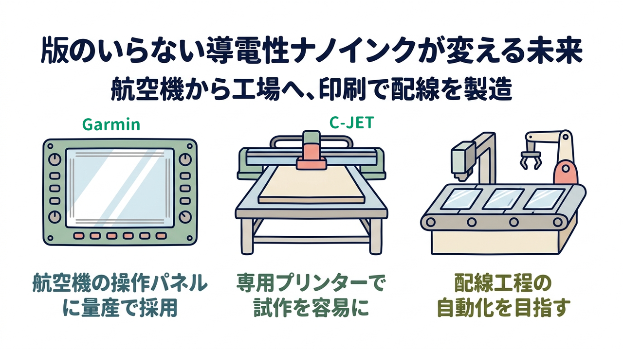 版のいらない導電性ナノインクが変える未来｜航空機から工場へ、印刷で配線を製造／航空機の操作パネルに量産で採用／専用プリンターで試作を容易に／配線工程の自動化を目指す