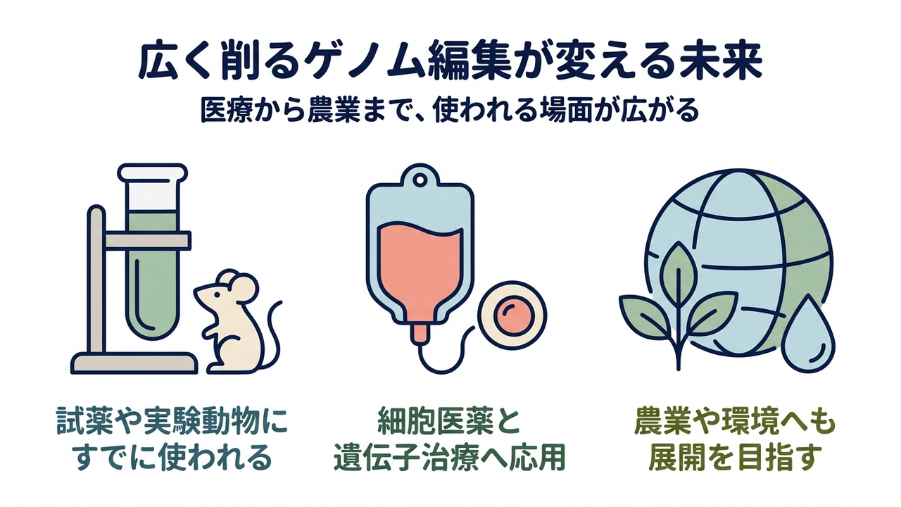 広く削るゲノム編集が変える未来|医療から農業まで、使われる場面が広がる/試薬や実験動物にすでに使われる/細胞医薬と遺伝子治療へ応用/農業や環境へも展開を目指す