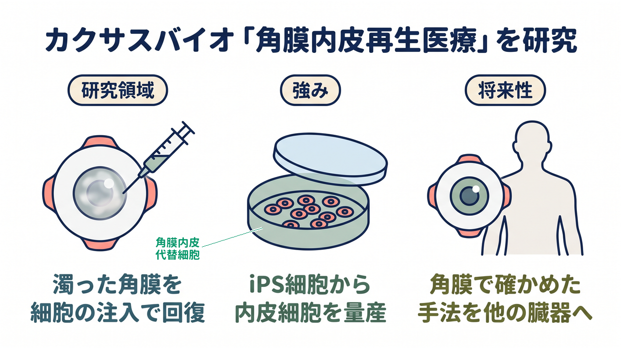 カクサスバイオ「角膜内皮再生医療」を研究｜研究領域=濁った角膜を細胞の注入で回復／強み=iPS細胞から内皮細胞を量産／将来性=角膜で確かめた手法を他の臓器へ