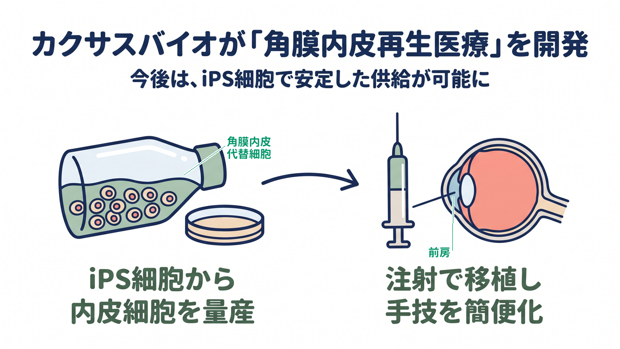 カクサスバイオが「角膜内皮再生医療」を開発｜今後は、iPS細胞で安定した供給が可能に｜iPS細胞から内皮細胞を量産／注射で移植し手技を簡便化