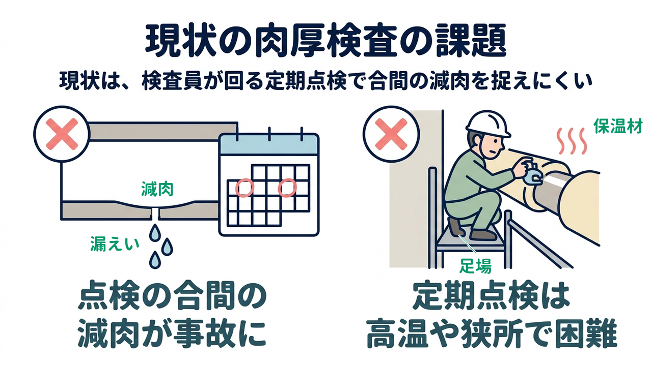 現状の肉厚検査の課題|点検の合間の減肉が事故に/定期点検は高温や狭所で困難