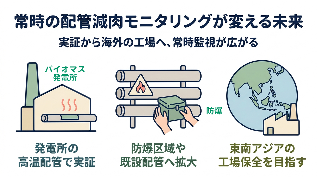 常時の配管減肉モニタリングが変える未来|発電所の高温配管で実証/防爆区域や既設配管へ拡大/東南アジアの工場保全を目指す