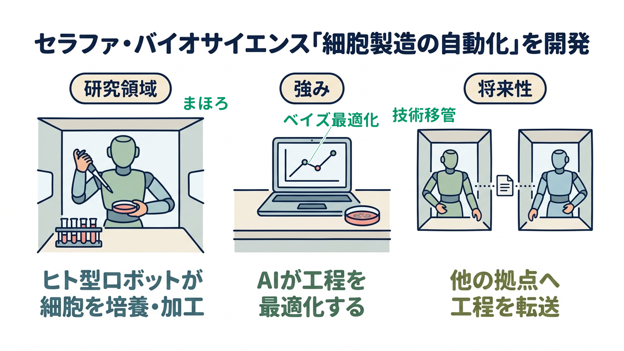 セラファ・バイオサイエンス「細胞製造の自動化」を開発｜研究領域=ヒト型ロボットが・細胞を培養・加工／強み=AIが工程を・最適化する／将来性=他の拠点へ・工程を転送