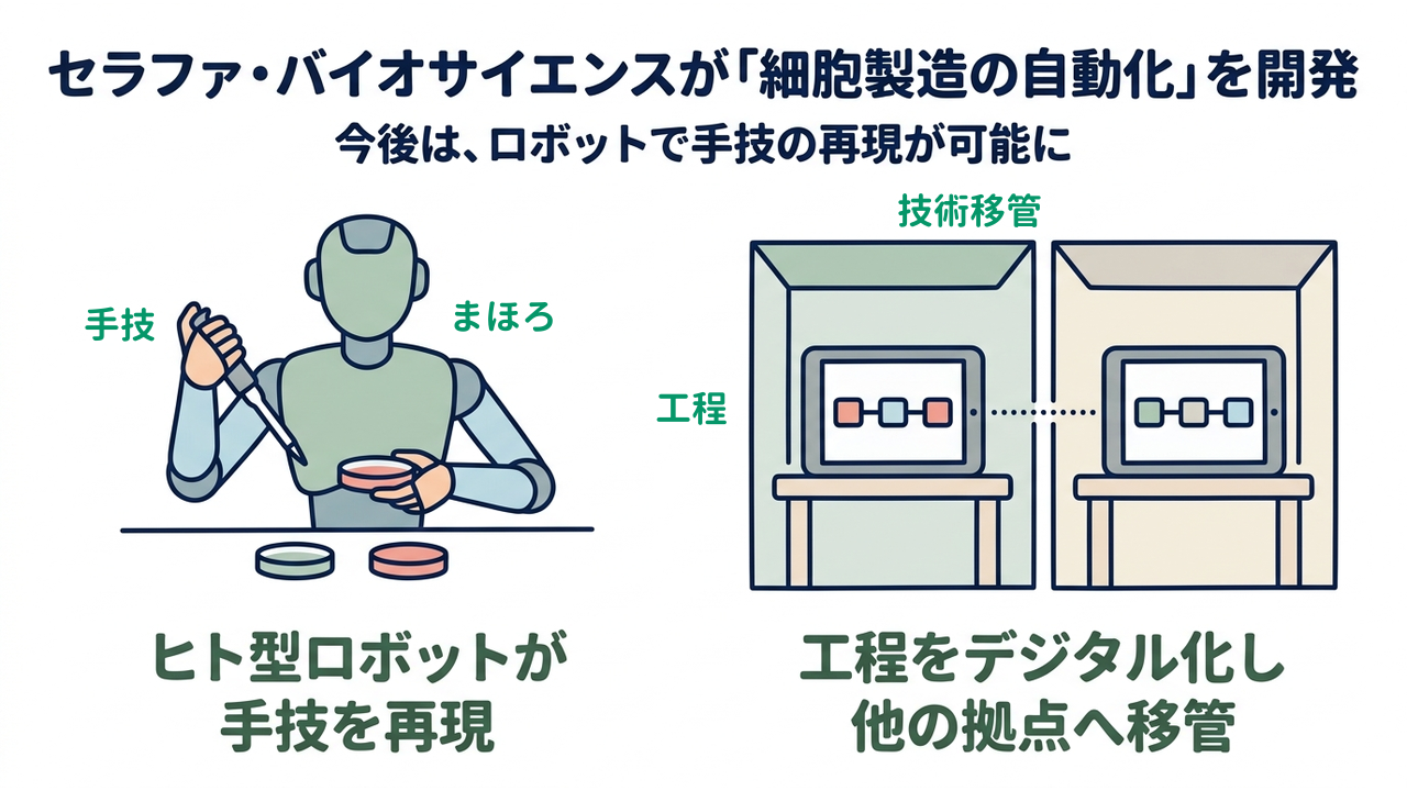 セラファ・バイオサイエンスが「細胞製造の自動化」を開発｜今後は、ロボットで手技の再現が可能に｜ヒト型ロボットが・手技を再現／工程をデジタル化し・他の拠点へ移管