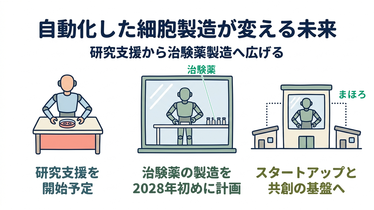 自動化した細胞製造が変える未来｜研究支援から治験薬製造へ広げる｜研究支援を・開始予定／治験薬の製造を・2028年初めに計画／スタートアップと・共創の基盤へ