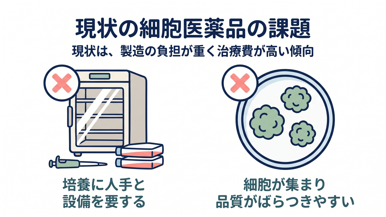 現状の細胞医薬品の課題｜現状は、製造の負担が重く治療費が高い傾向／培養に人手と設備を要する／細胞が集まり品質がばらつきやすい