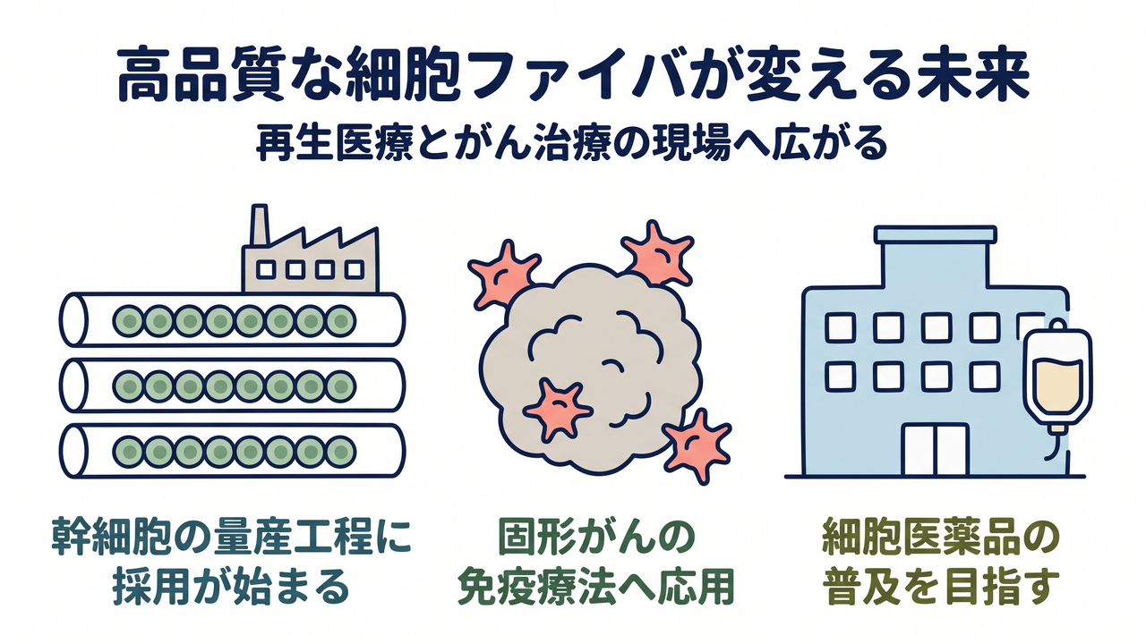 高品質な細胞ファイバが変える未来｜再生医療とがん治療の現場へ広がる／幹細胞の量産工程に採用が始まる／固形がんの免疫療法へ応用／細胞医薬品の普及を目指す