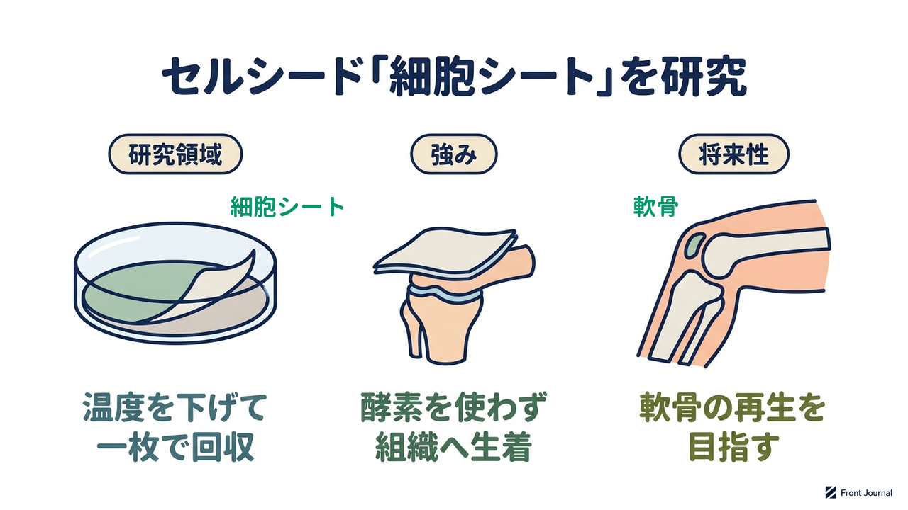 セルシード「細胞シート」を研究|研究領域=温度を下げて一枚で回収/強み=酵素を使わず組織へ生着/将来性=軟骨の再生を目指す