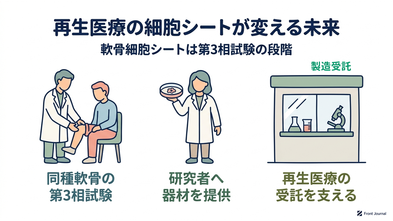 再生医療の細胞シートが変える未来|軟骨細胞シートは第3相試験の段階/同種軟骨の第3相試験/研究者へ器材を提供/再生医療の受託を支える
